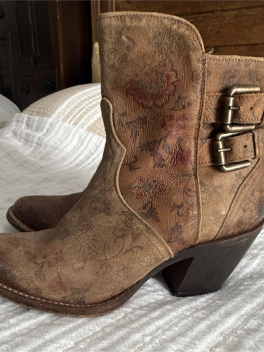 Lucchese Taupe Floral Suede Ankle Boots with Buckle